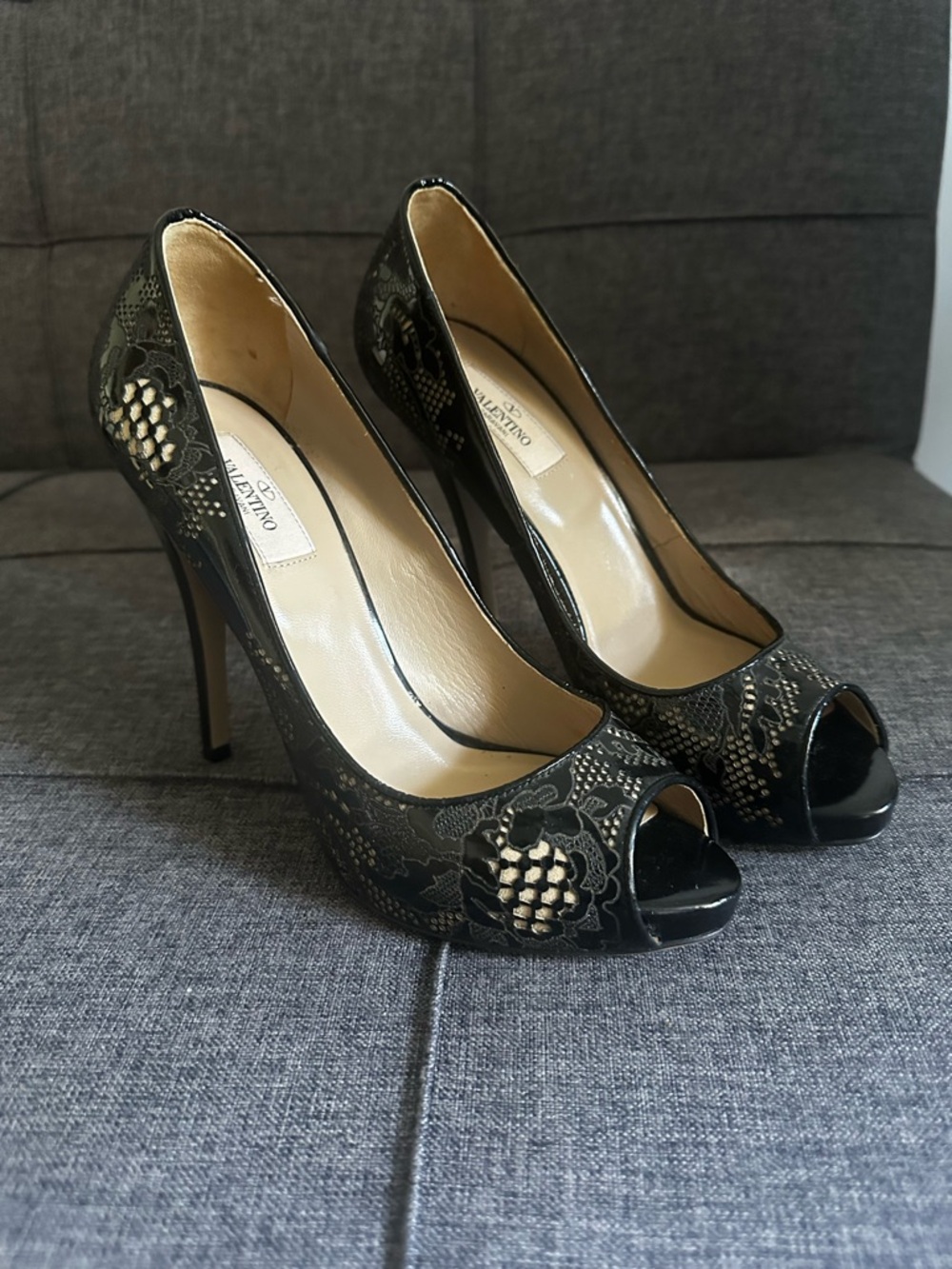 Valentino Black Lace Peep-Toe Stilettos Authentic Great Condition